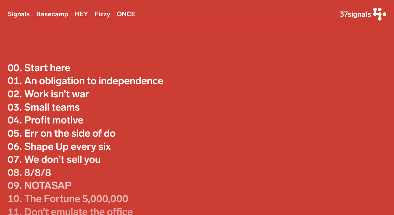 37signals website showing their numbered manifesto chapters with opinionated company values on a red background