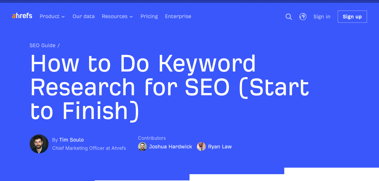 Ahrefs blog article headline: How to Do Keyword Research for SEO (Start to Finish) — a precise, formula-driven title