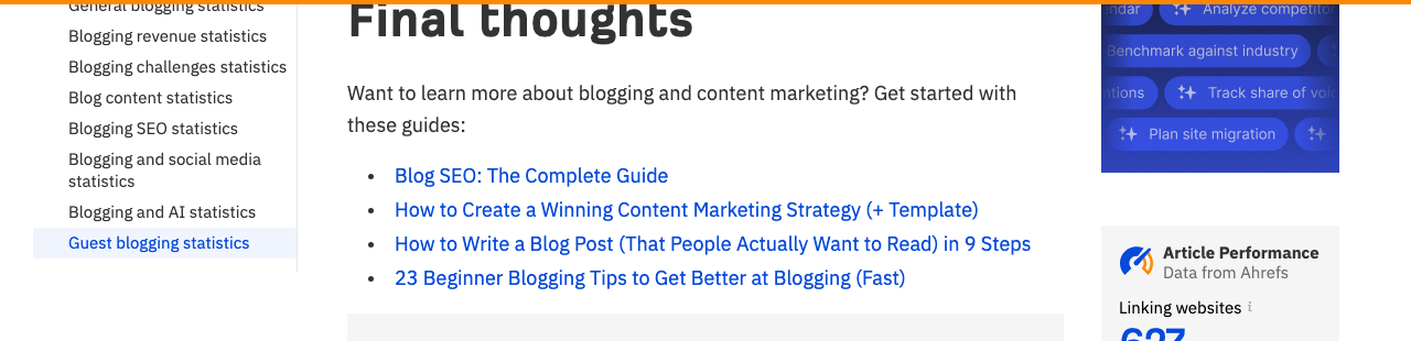 Ahrefs blog post conclusion showing 'Final thoughts' section with links to 4 related guides