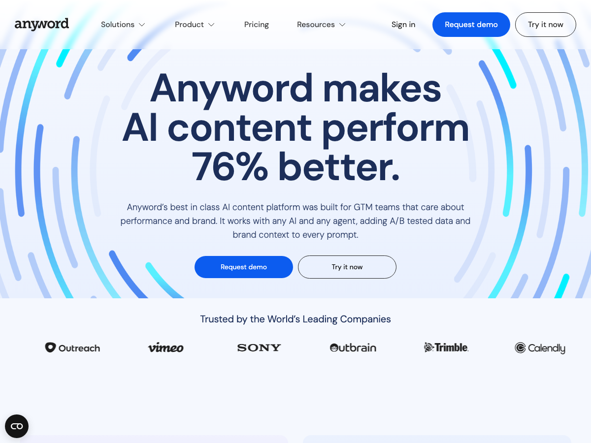 Anyword homepage, an AI copywriting tool that scores content for predicted performance, a Jasper AI alternative