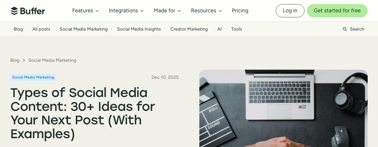 Buffer blog showing conversational headline style: 30+ Ideas for Your Next Post (With Examples) with author byline