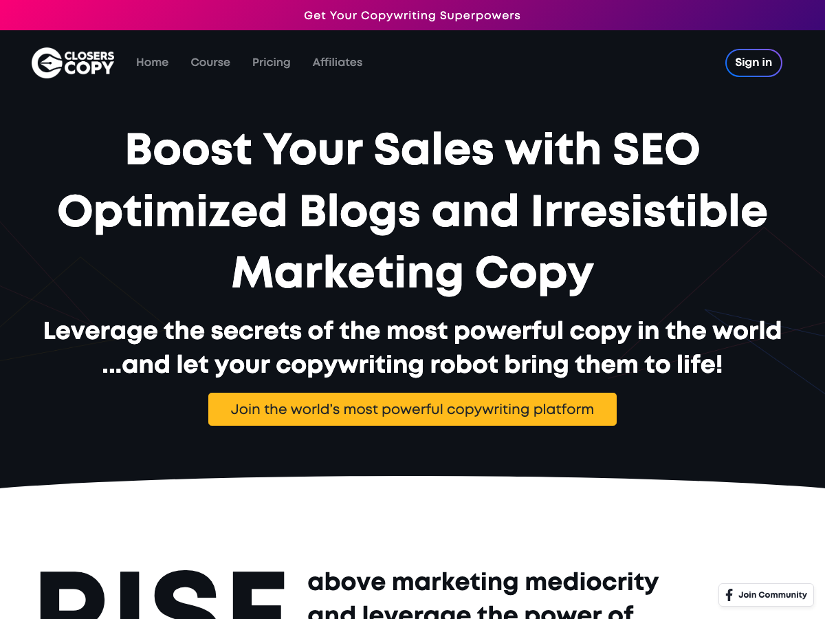 ClosersCopy homepage, an AI long-form sales copywriting tool, a Jasper AI alternative