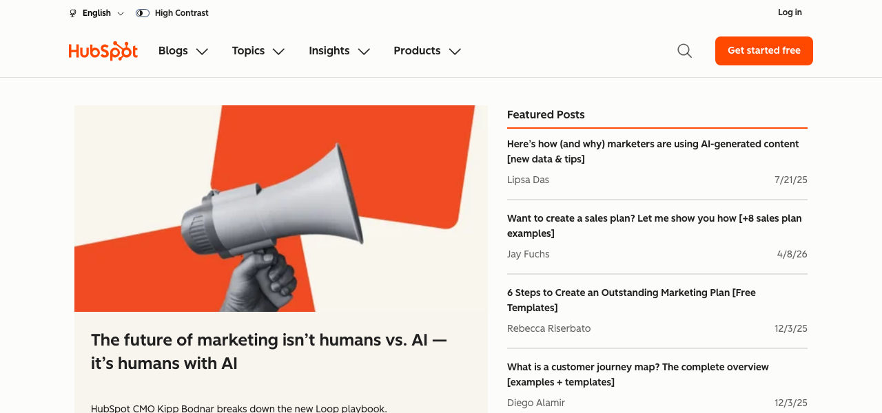 HubSpot blog showing CTA-embedded article headlines like Want to create a sales plan? Let me show you how with free templates
