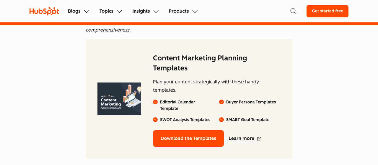HubSpot blog post conclusion showing a clear call-to-action download box for content marketing templates