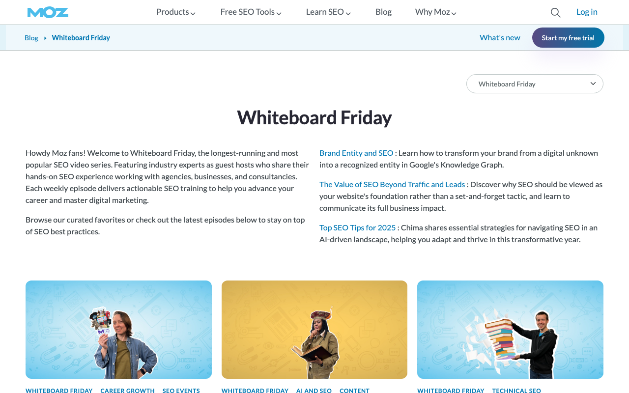 Moz Whiteboard Friday blog series showing consistent weekly video format with SEO data visualization