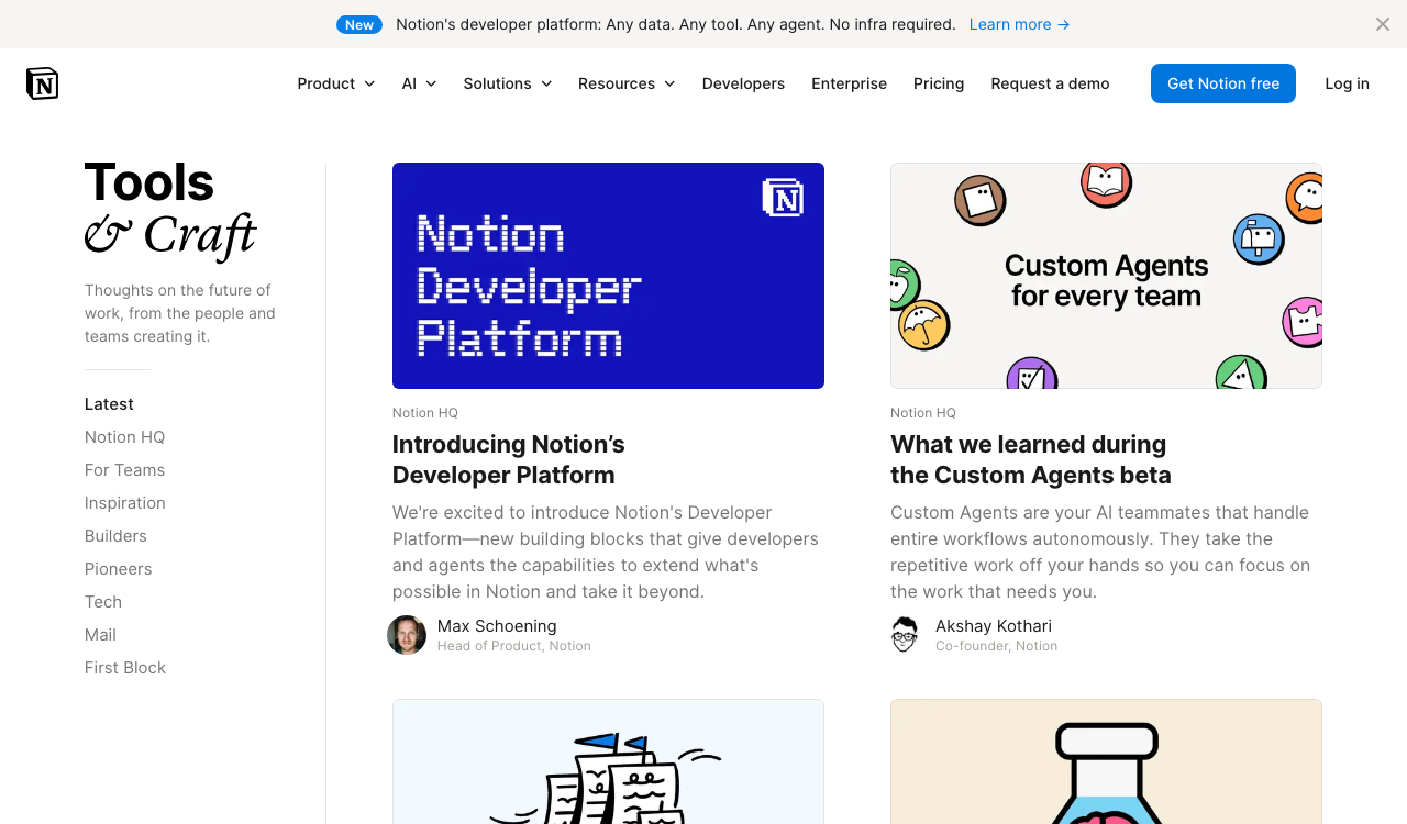 Notion Tools and Craft blog showing clean article card layout with category navigation and visual previews