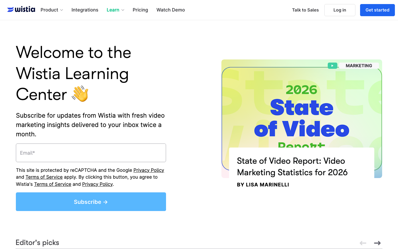 Wistia Learning Center showing video-first content strategy with State of Video Report 2026 as featured content