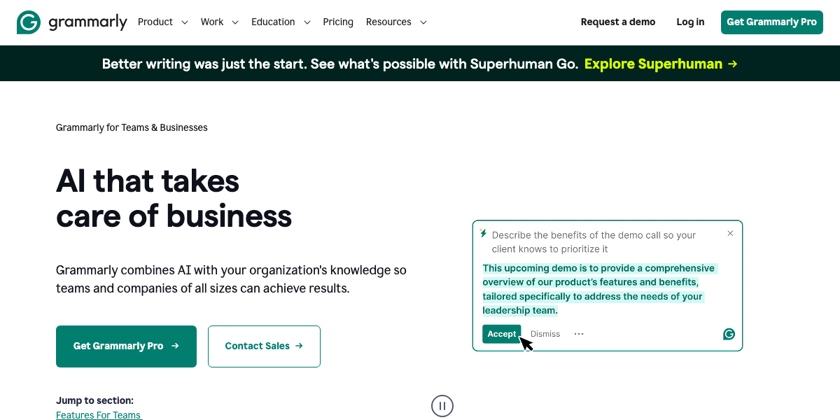 Grammarly Business homepage for team writing quality and consistency, a Jasper AI alternative
