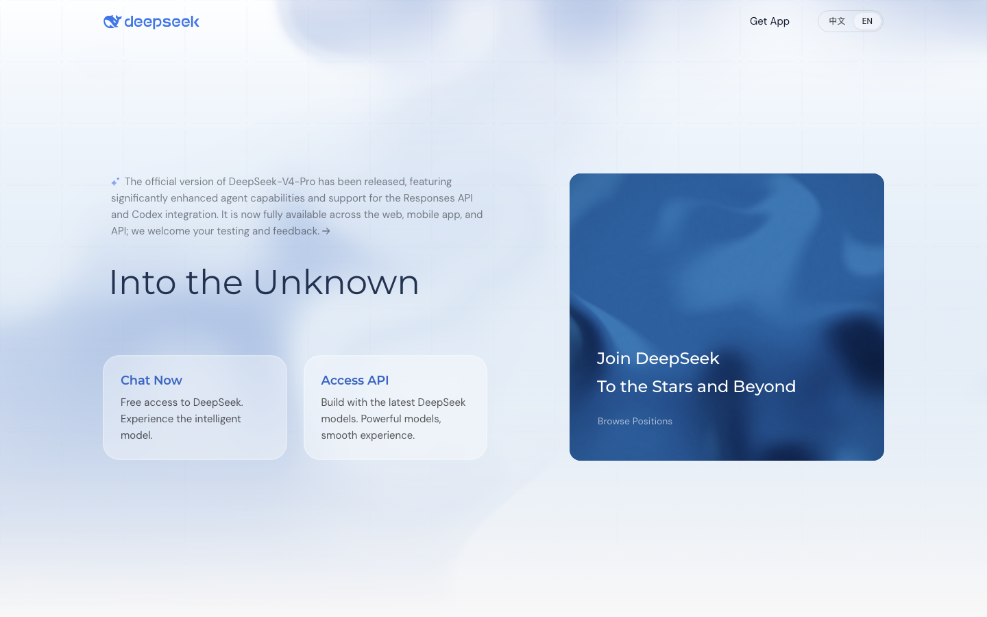 The DeepSeek homepage announcing DeepSeek-V4-Pro with free chat and API access.