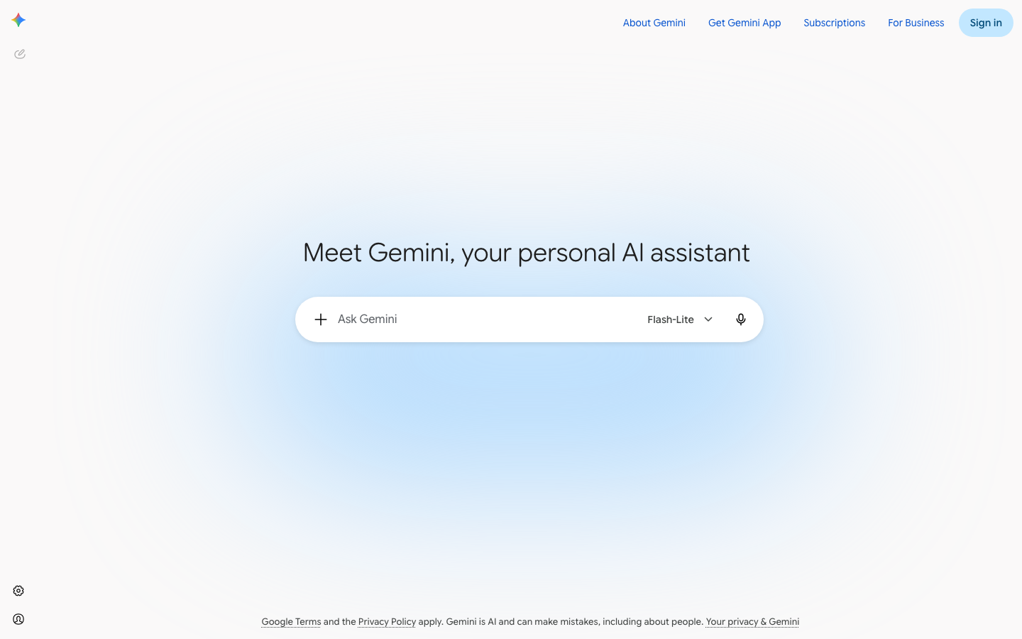 The Google Gemini app start screen with its prompt box and model selector.