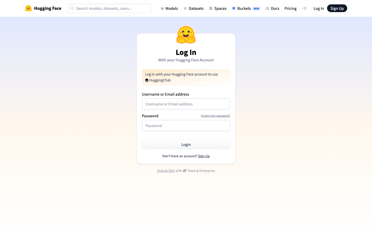 The HuggingChat login screen showing that a free Hugging Face account is required.