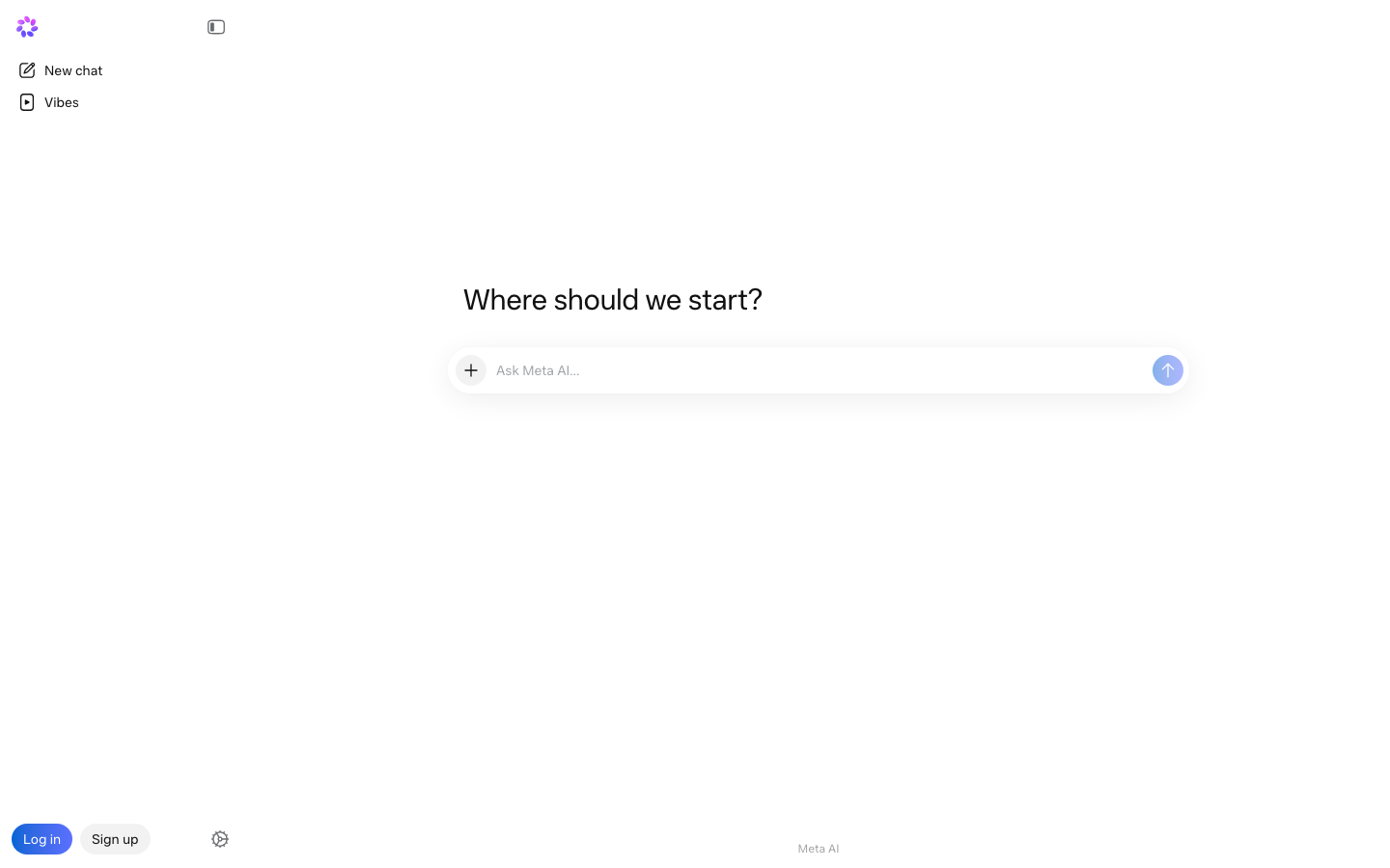 The Meta AI web app start screen with its Ask Meta AI prompt box and Vibes tab.