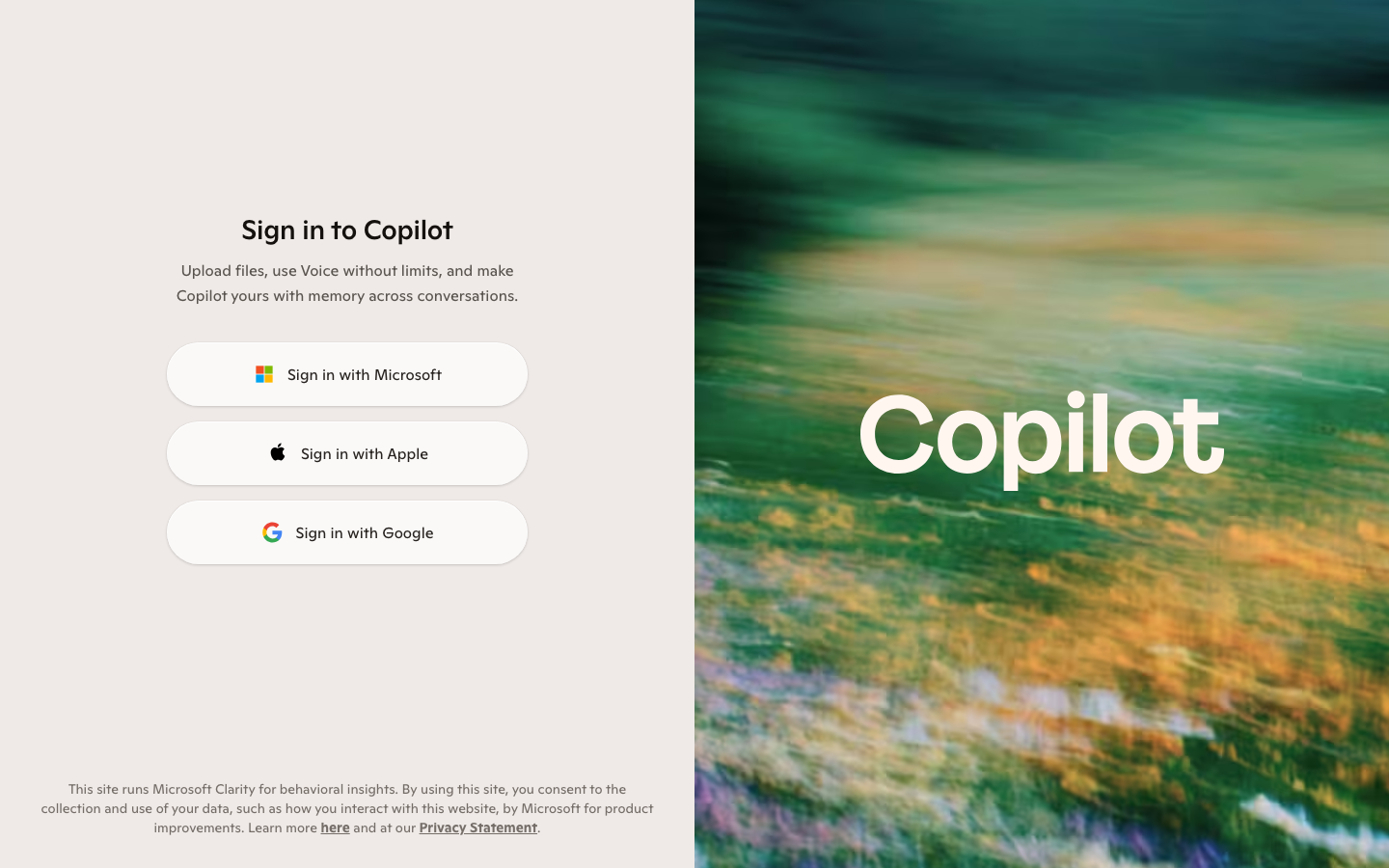 The Microsoft Copilot sign-in screen offering Microsoft, Apple and Google login.