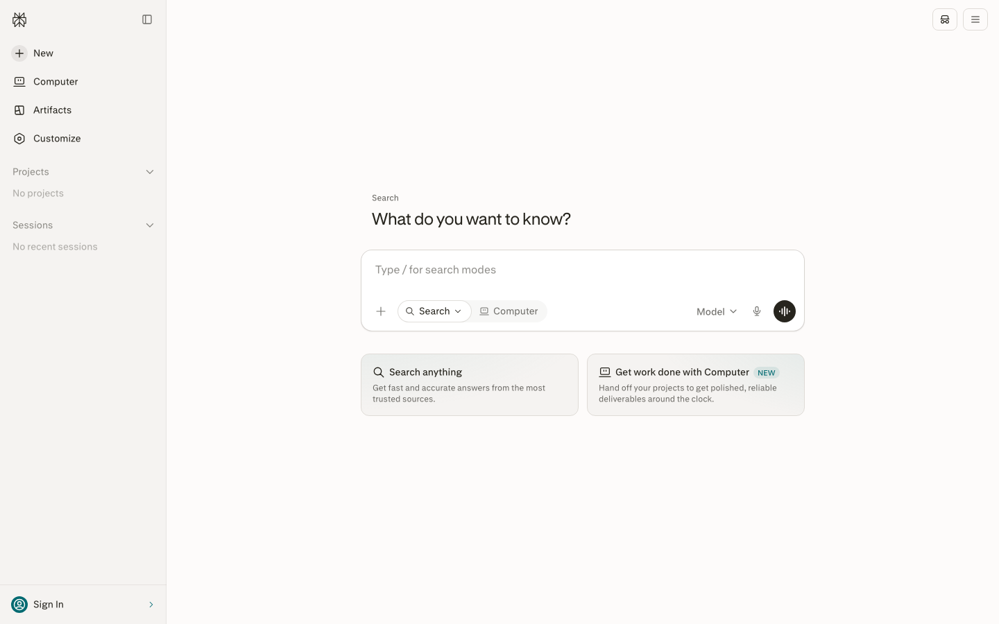 The Perplexity start screen with its search box, model picker and Computer mode.