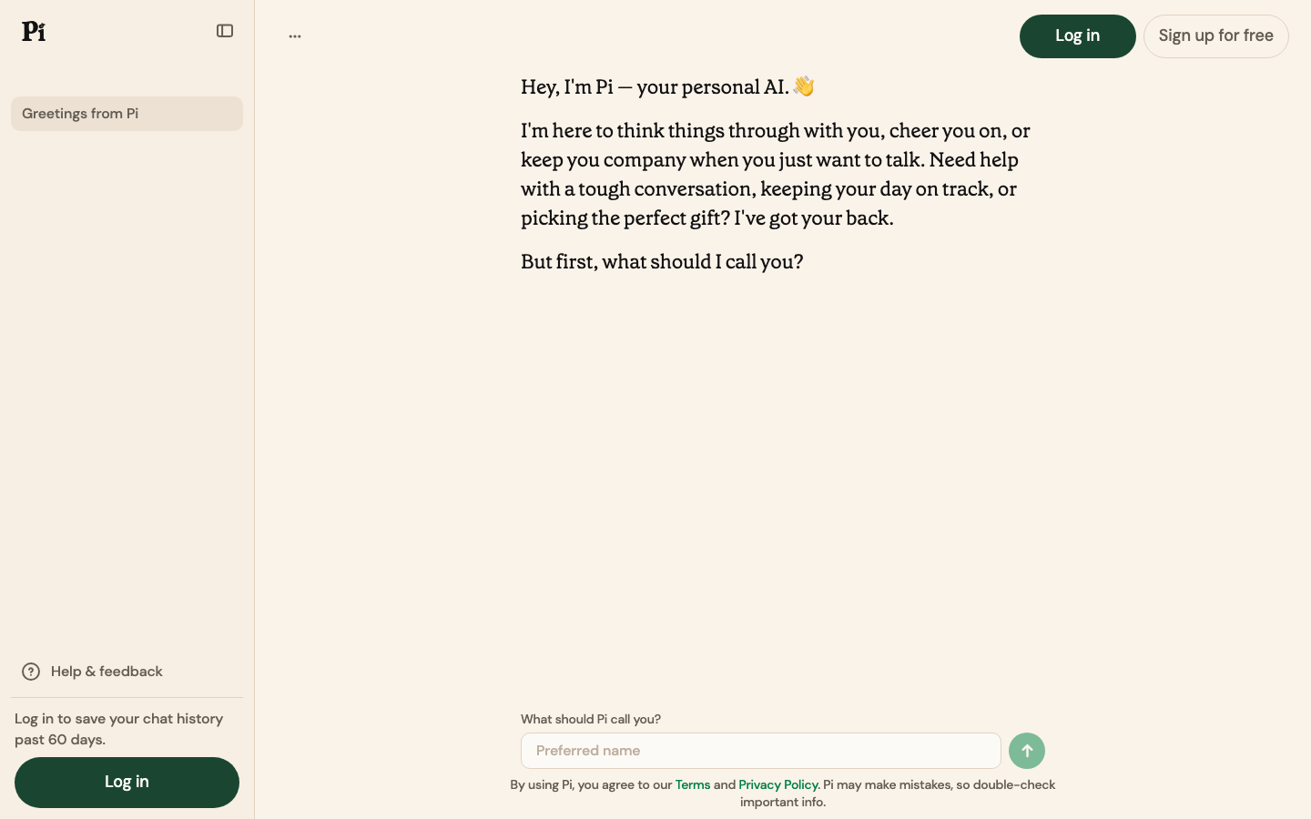 The Pi chat screen greeting a new visitor and asking for a preferred name.