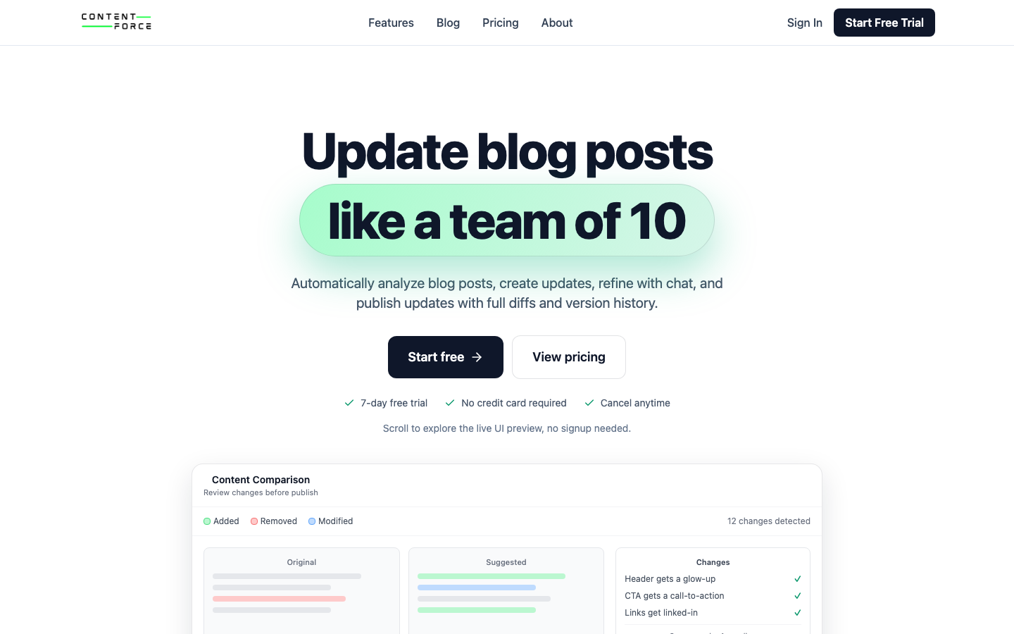 ContentForce AI homepage showing its WordPress content update workflow