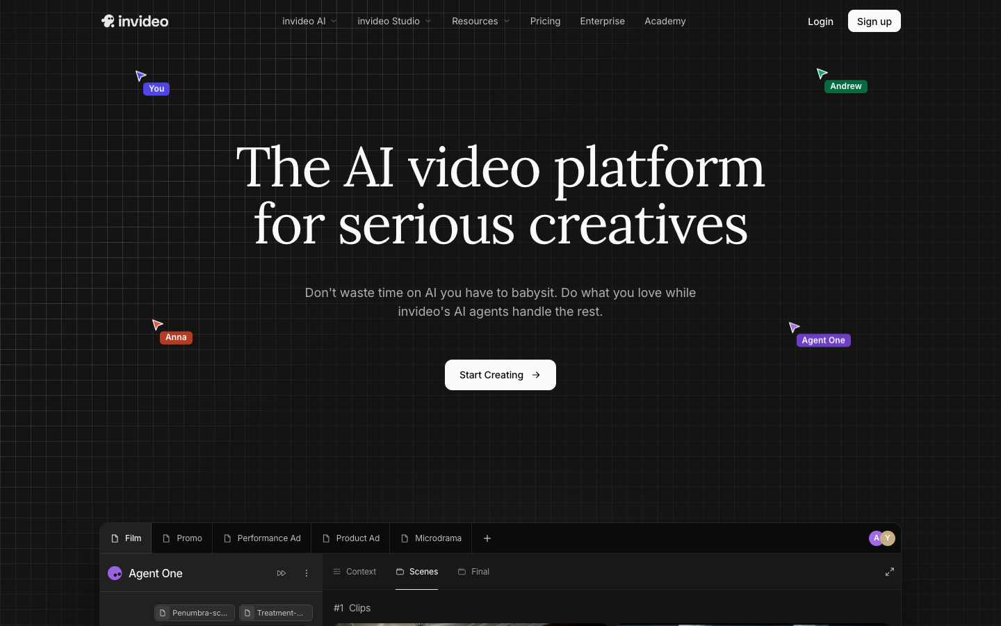 InVideo AI homepage showing its text-to-video generation platform