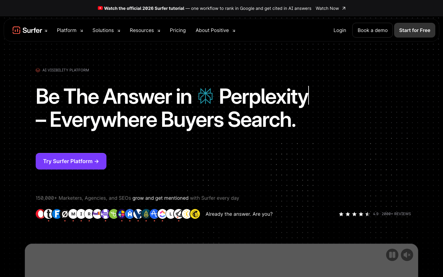 Surfer SEO homepage showing its AI content optimization and search visibility platform