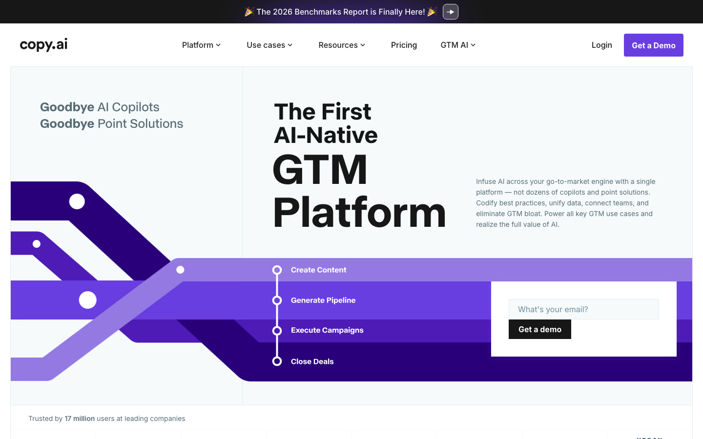 Copy.ai homepage positioning itself as an AI-native GTM platform