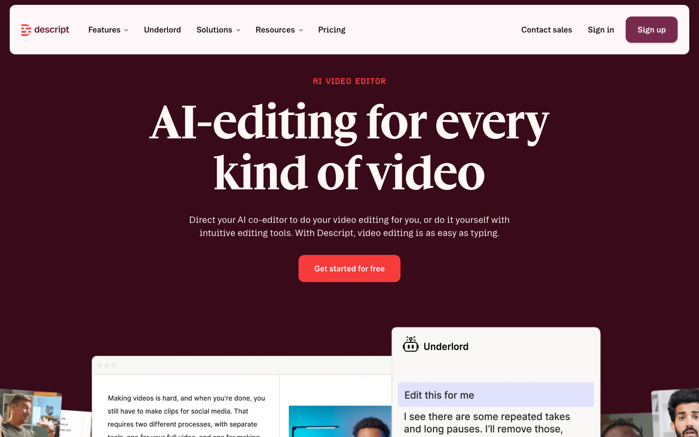 Descript homepage showing its AI video and audio editing tool
