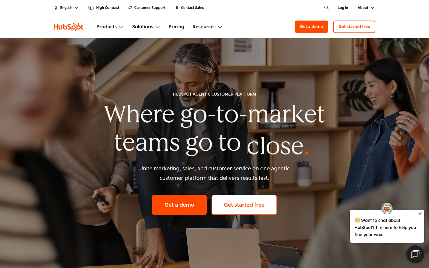 HubSpot homepage showing its AI-powered customer platform