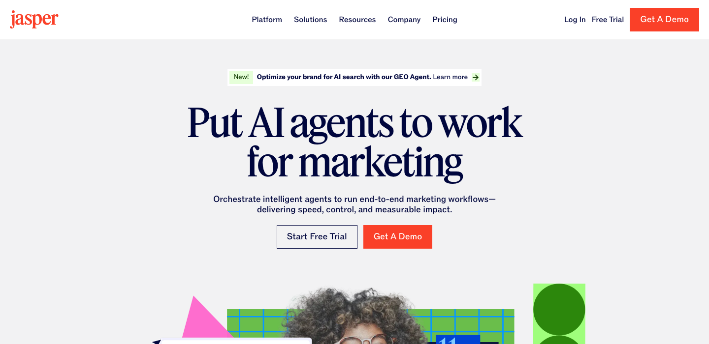 Jasper.ai homepage promoting its AI marketing agent platform