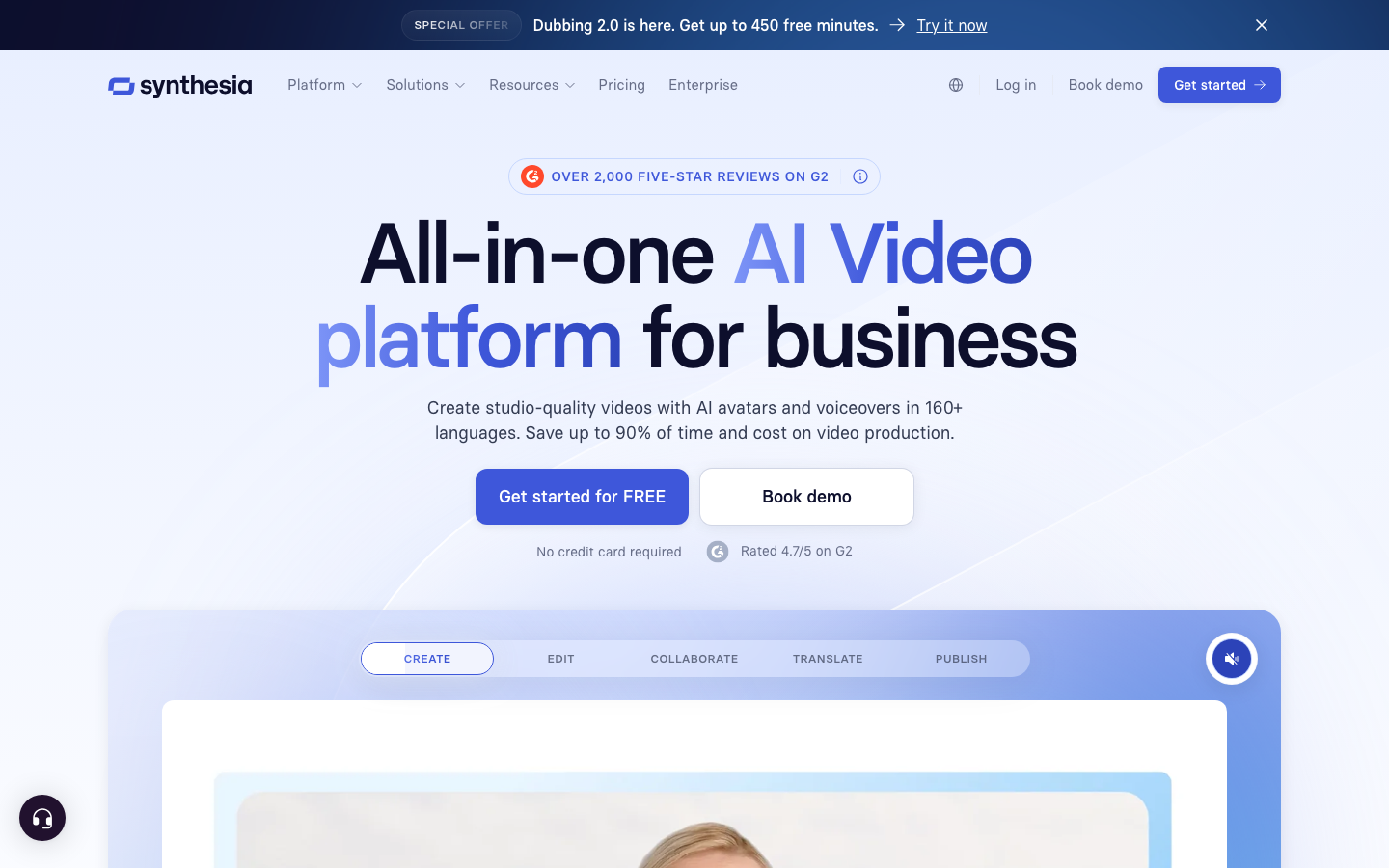 Synthesia homepage showing its AI avatar video platform