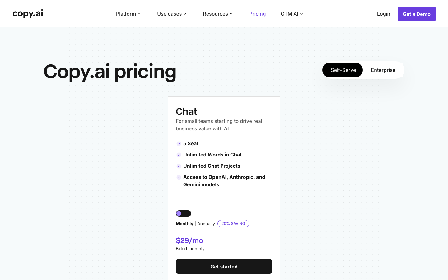 Screenshot of the Copy.ai pricing page showing the Chat plan card and Self-Serve, Enterprise toggle