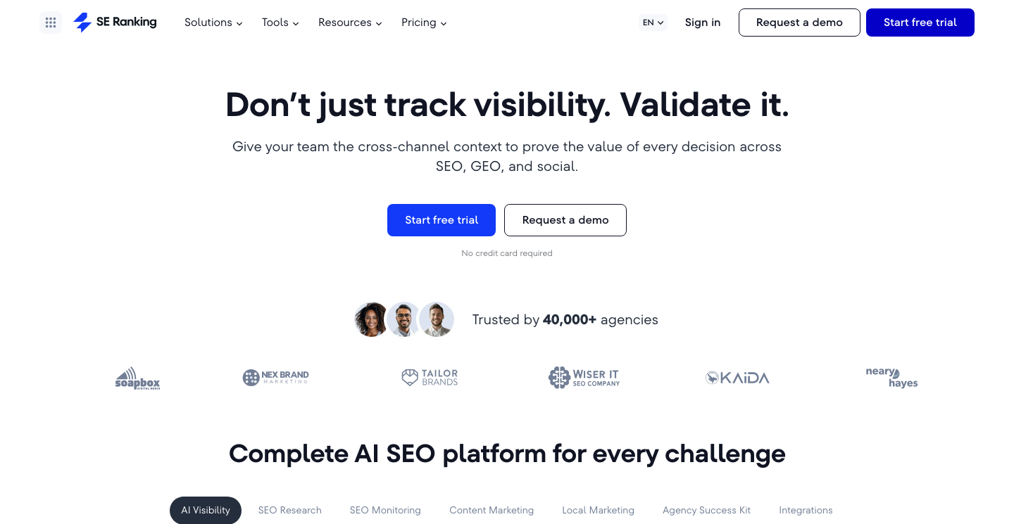 SE Ranking homepage showing its AI Visibility tracking alongside SEO research tools