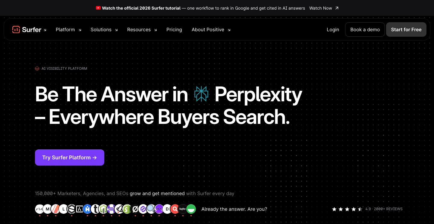 Surfer SEO homepage showing its positioning around AI answer visibility