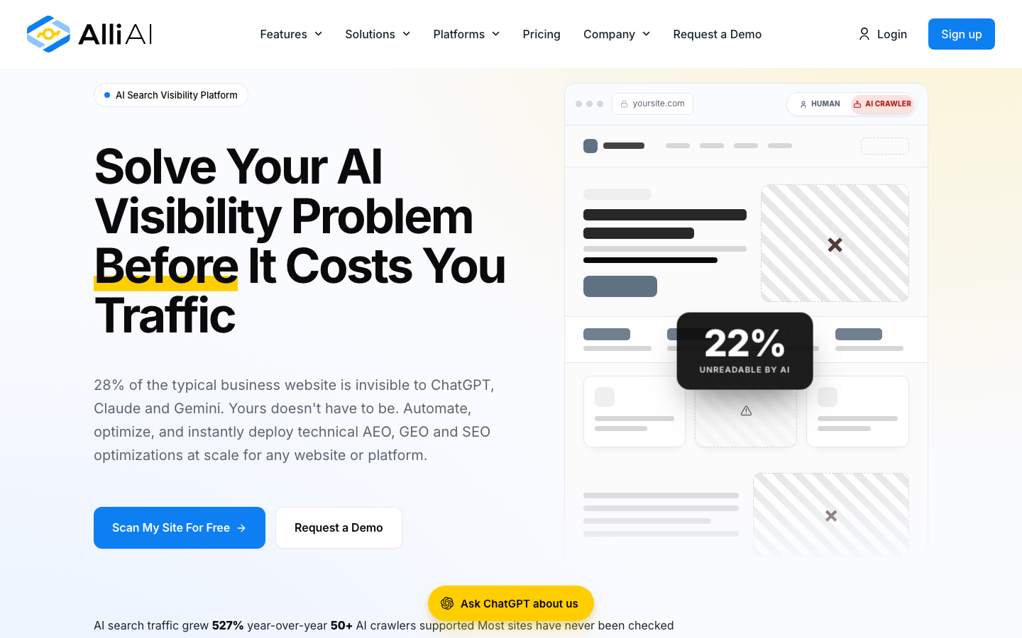 Alli AI homepage showing its AI crawler readability score for a sample site