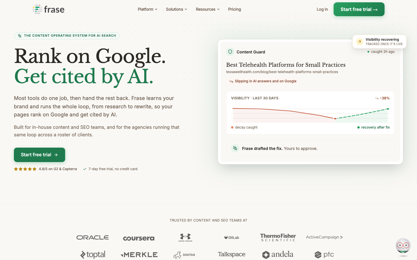 Frase homepage showing its Content Guard visibility-decay tracker