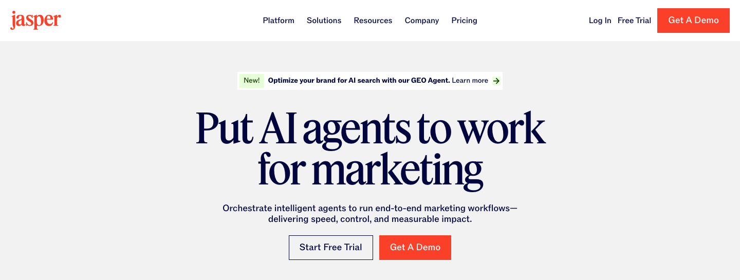 Jasper homepage showing its AI agent workspace for marketing teams