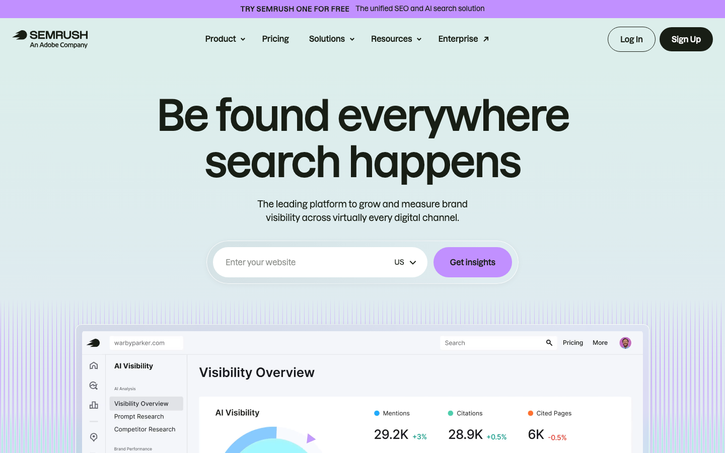 Semrush homepage showing its AI Visibility toolkit alongside classic SEO tools