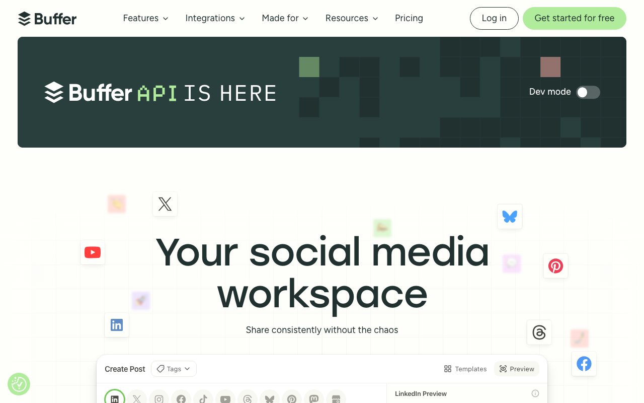 Buffer social media scheduling tool homepage screenshot