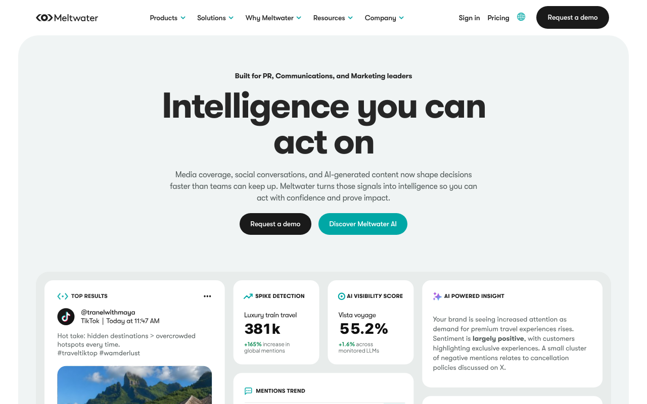 Meltwater media monitoring and PR tool homepage screenshot