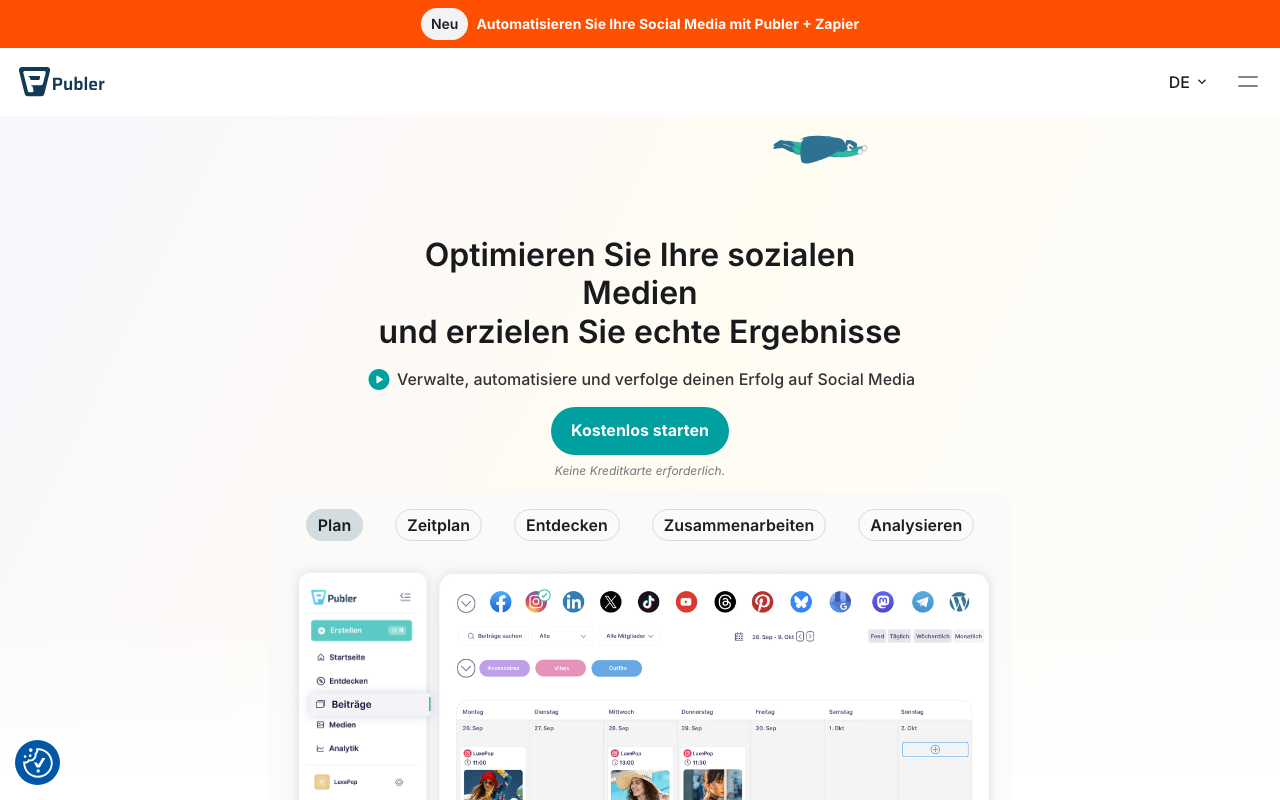 Publer social media automation tool homepage screenshot