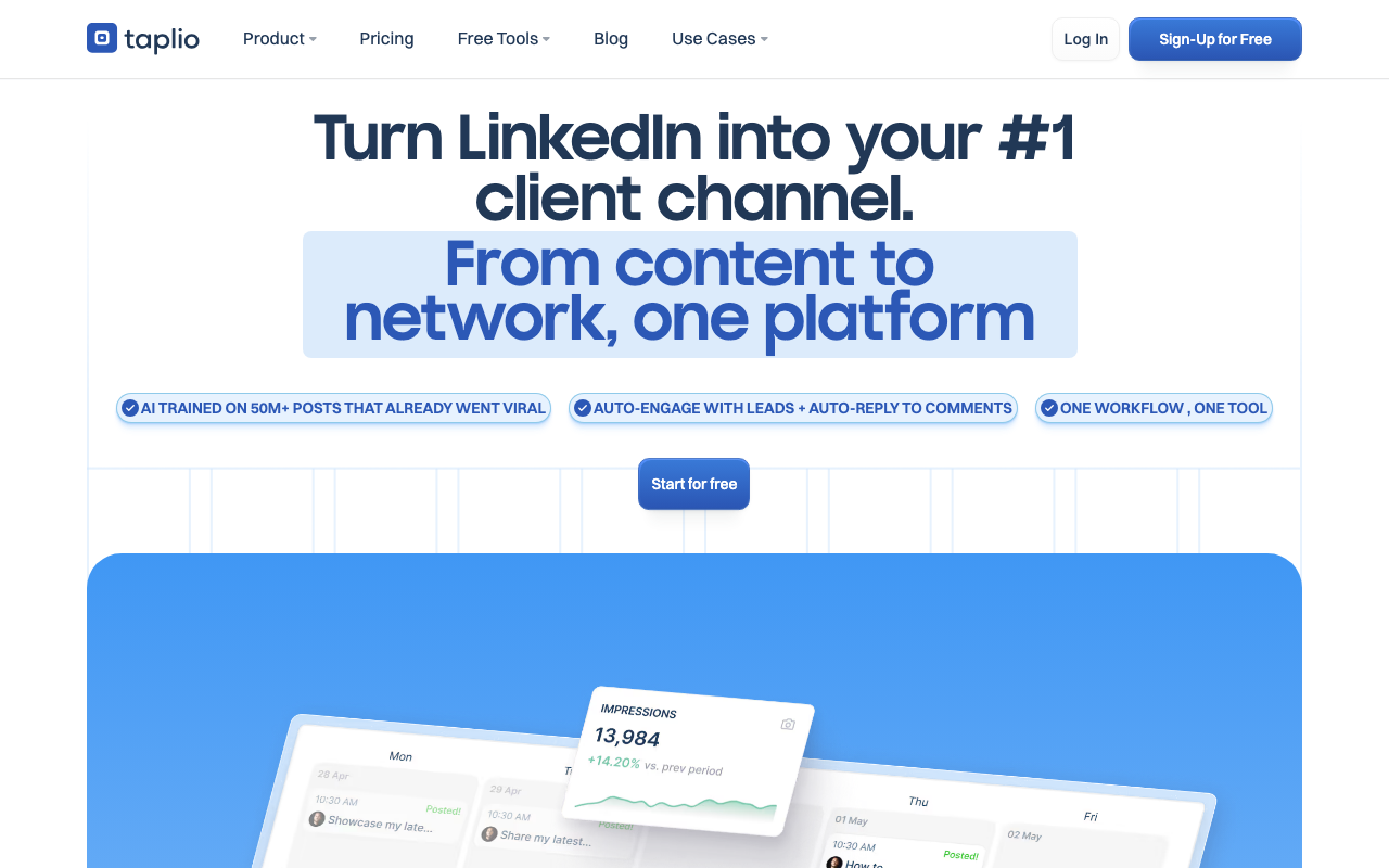 Taplio LinkedIn AI content creation tool homepage screenshot