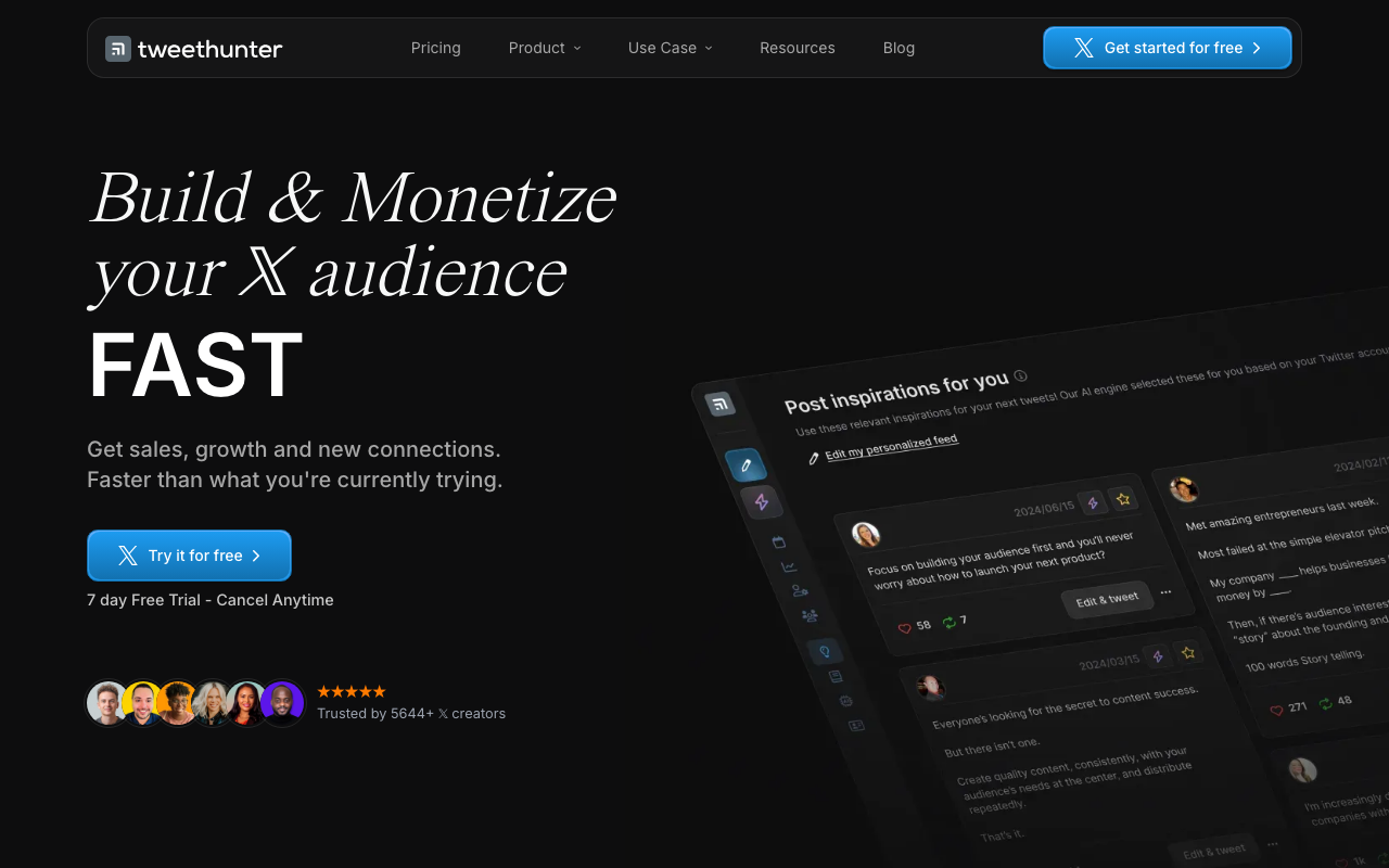 Tweet Hunter X Twitter growth AI tool homepage screenshot