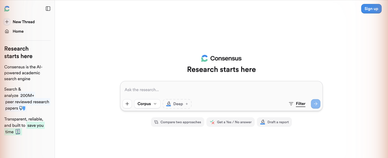 Consensus homepage showing AI-powered research question answering interface