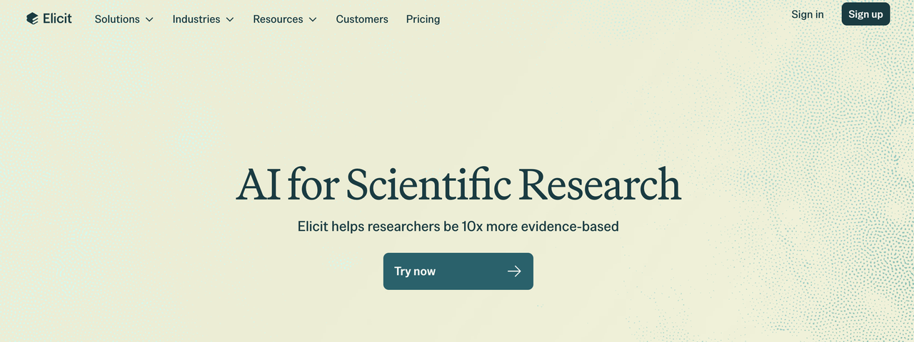 Elicit homepage showing AI for Scientific Research tagline
