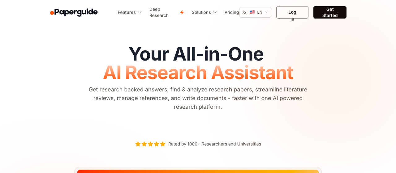 Paperguide homepage showing all-in-one AI research assistant interface