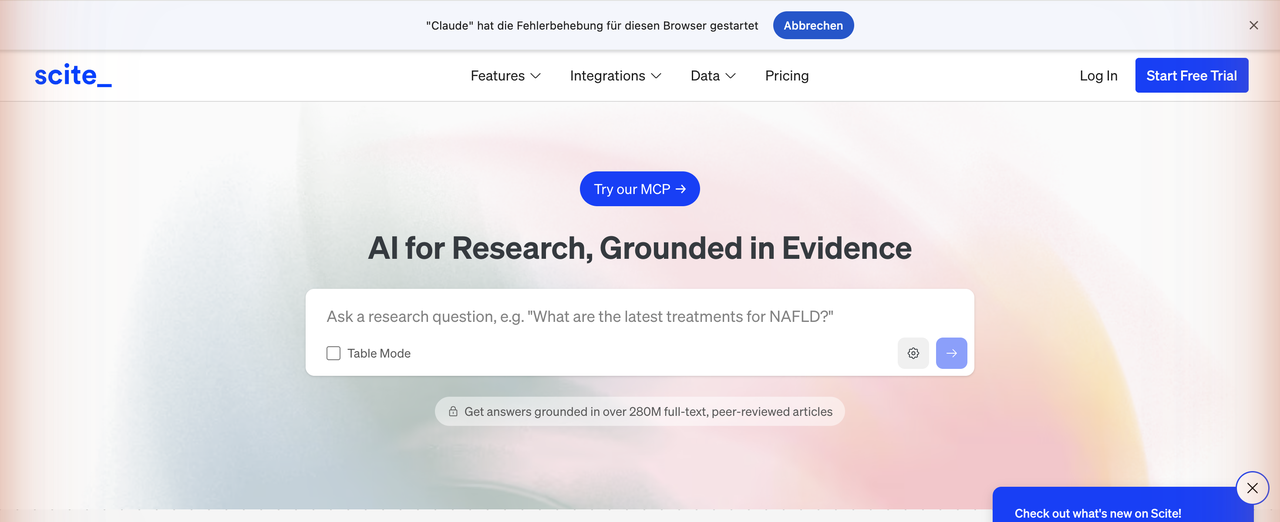 SciSpace homepage showing AI research assistant for reading and understanding papers