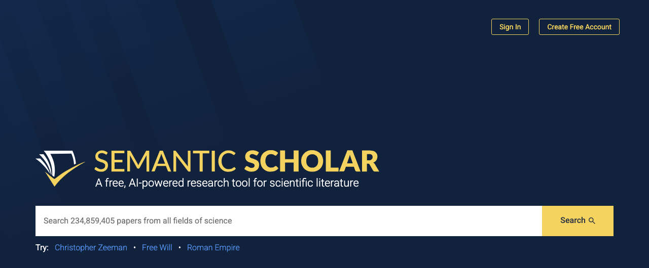 Semantic Scholar homepage with AI-powered search bar showing 234 million papers indexed
