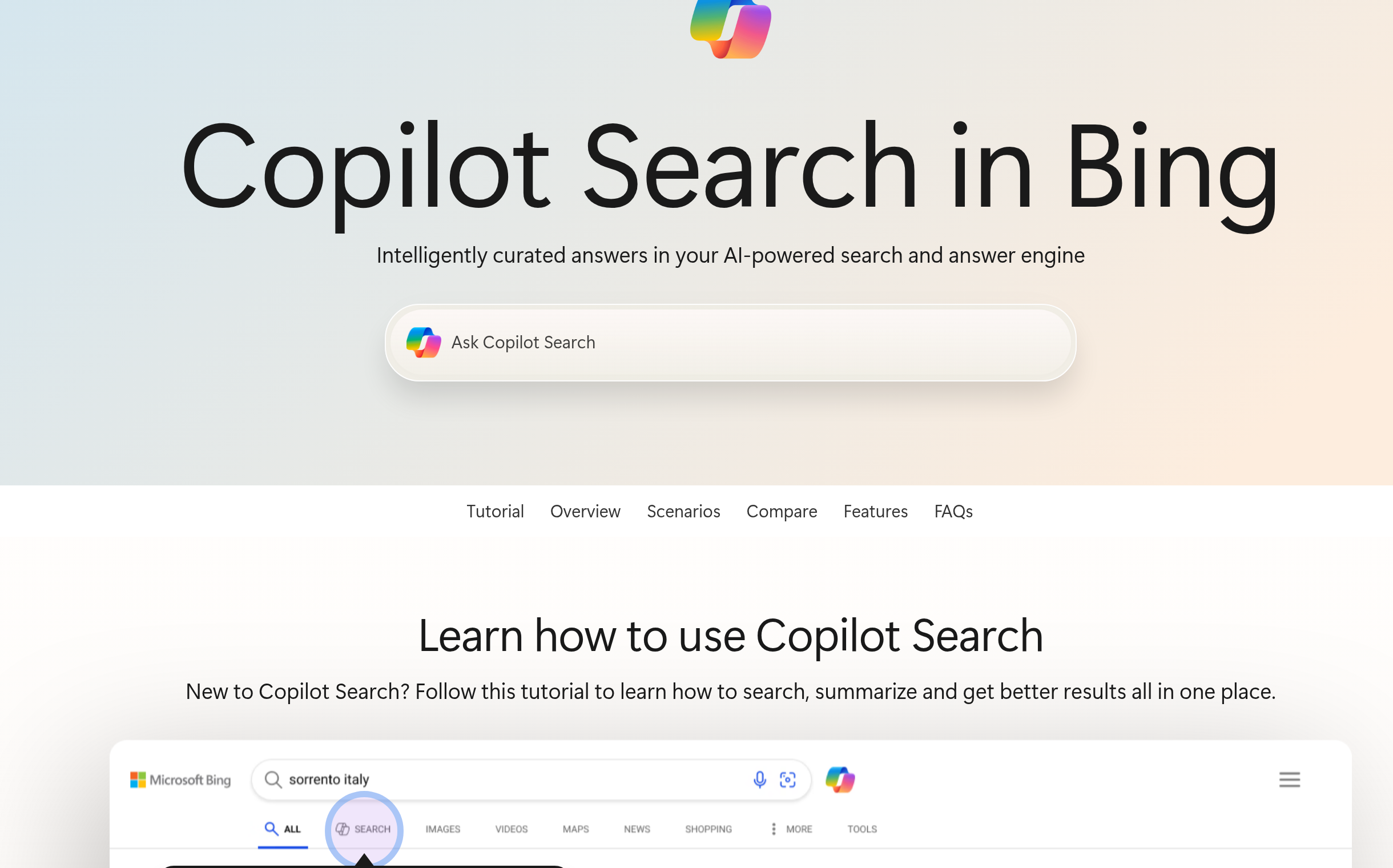 Actual screenshot of Microsoft's Copilot Search in Bing page.