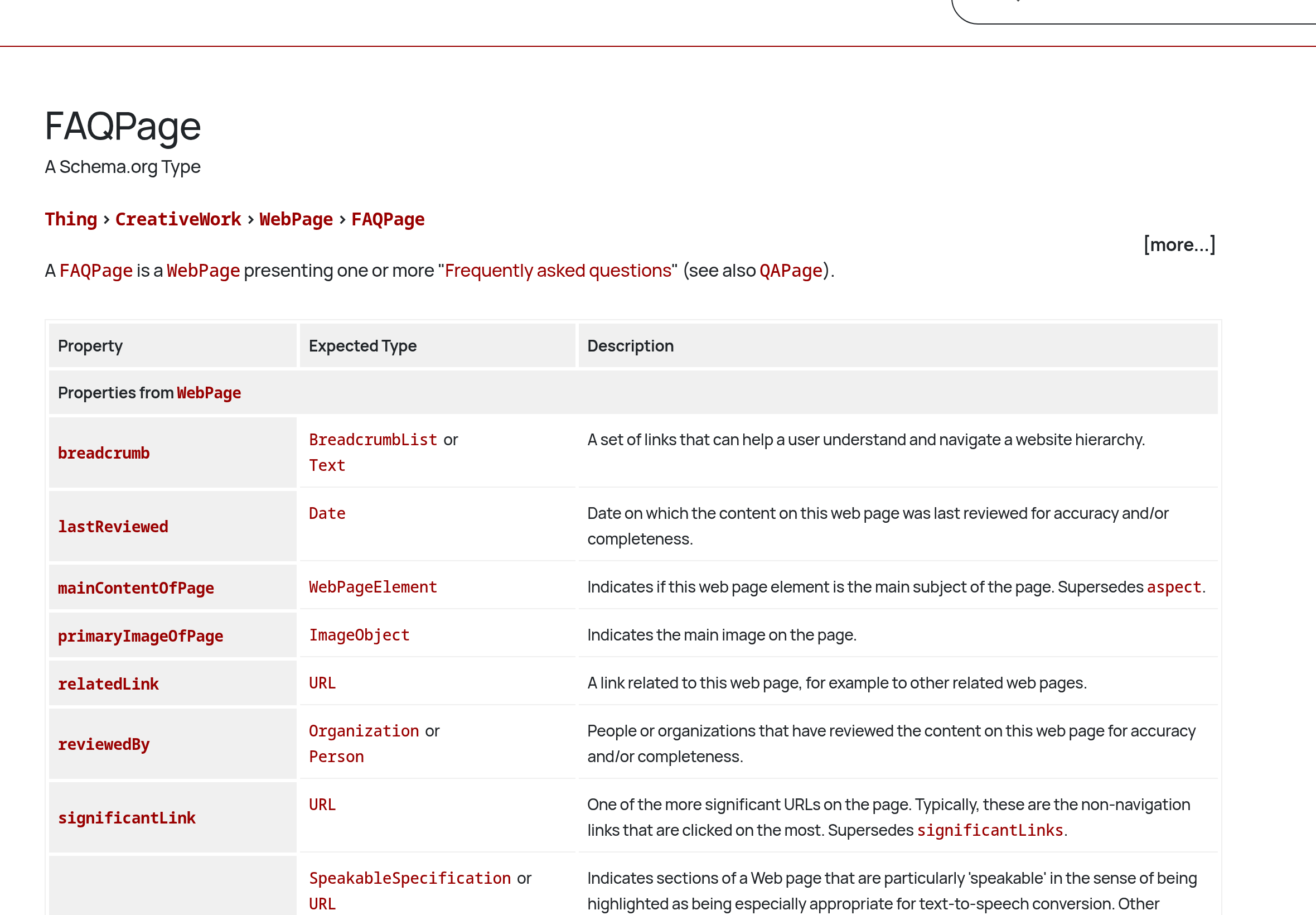 Actual screenshot of the Schema.org FAQPage specification.