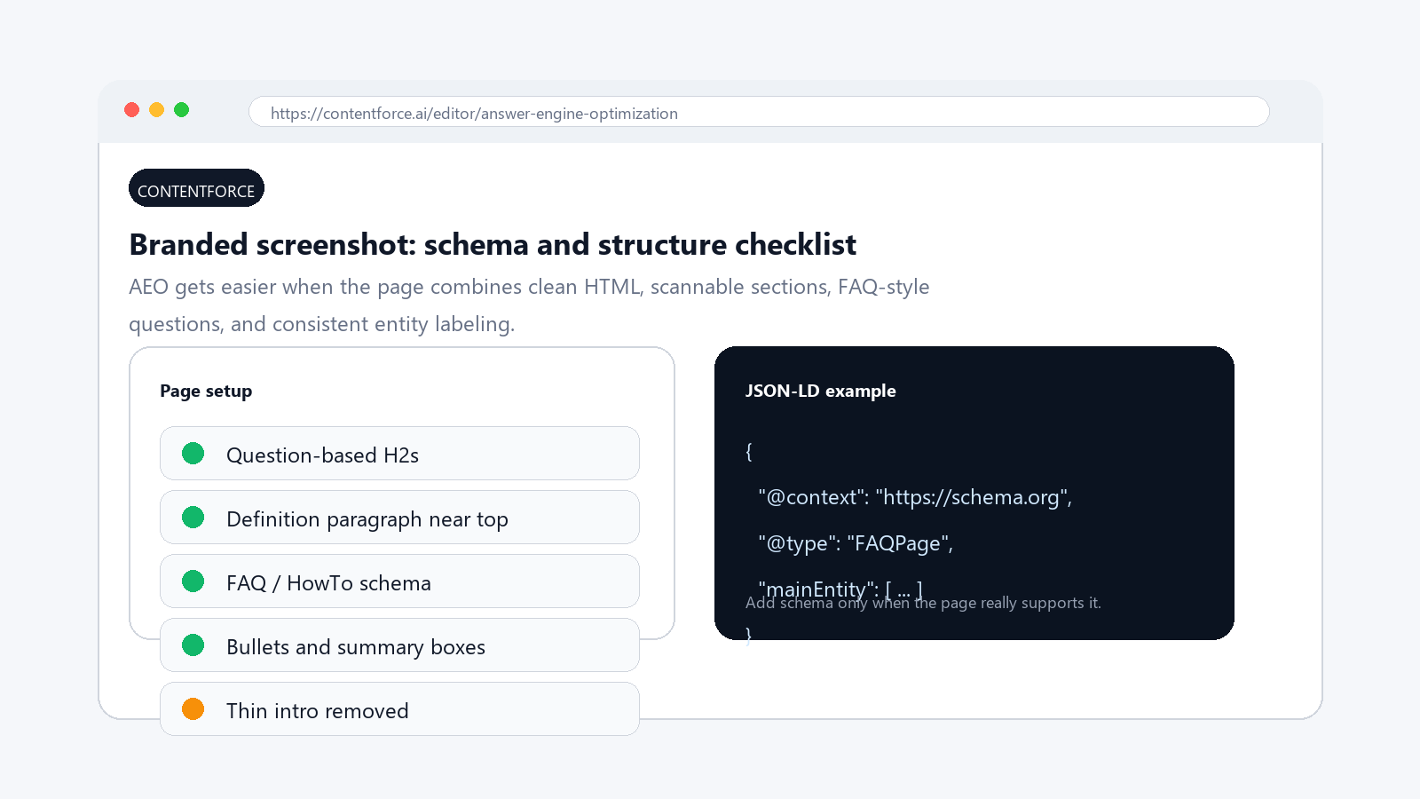 Editorial screenshot showing a schema and page structure checklist for AEO.