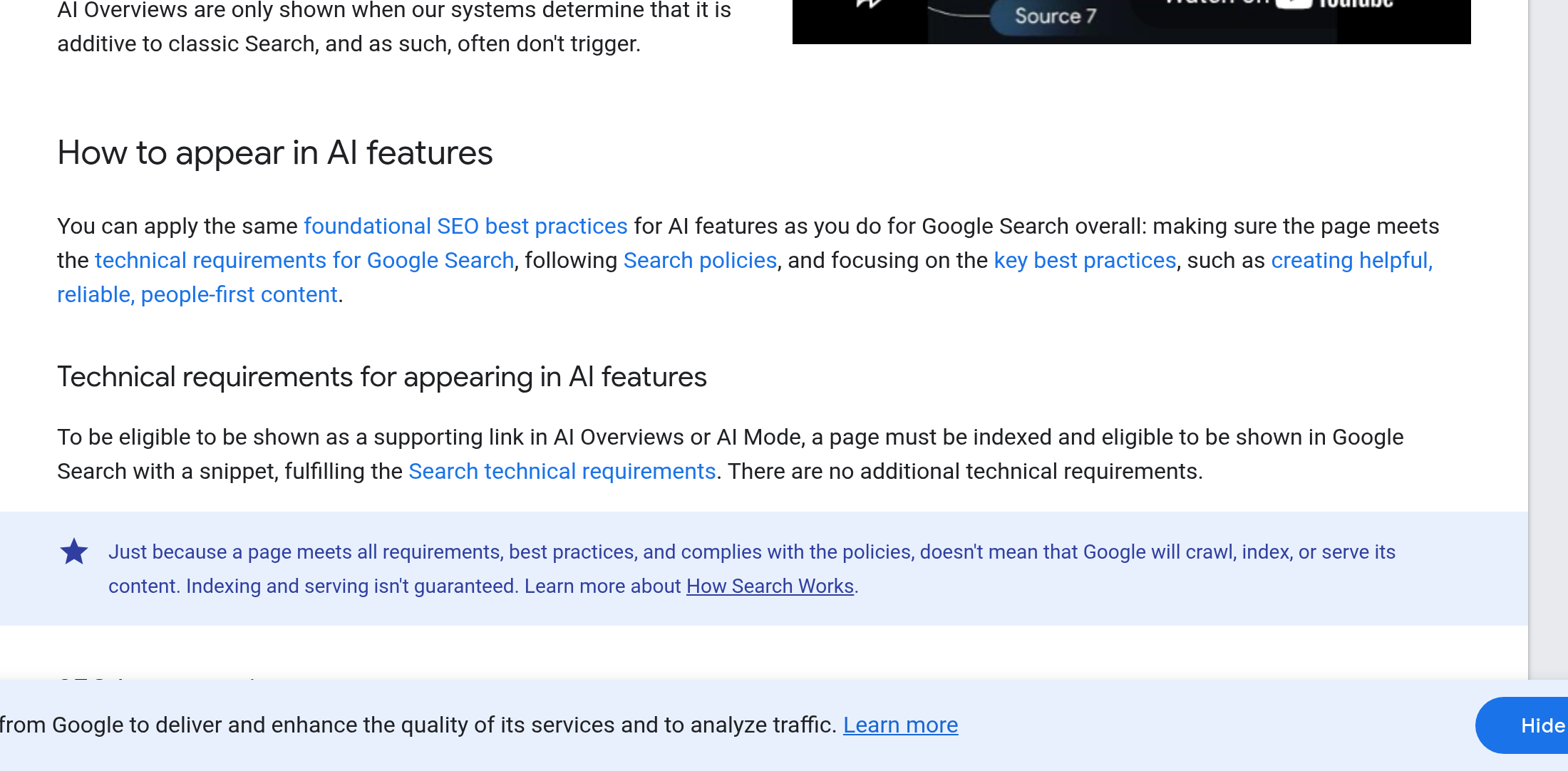 Actual screenshot of Google Search Central guidance for appearing in AI features.