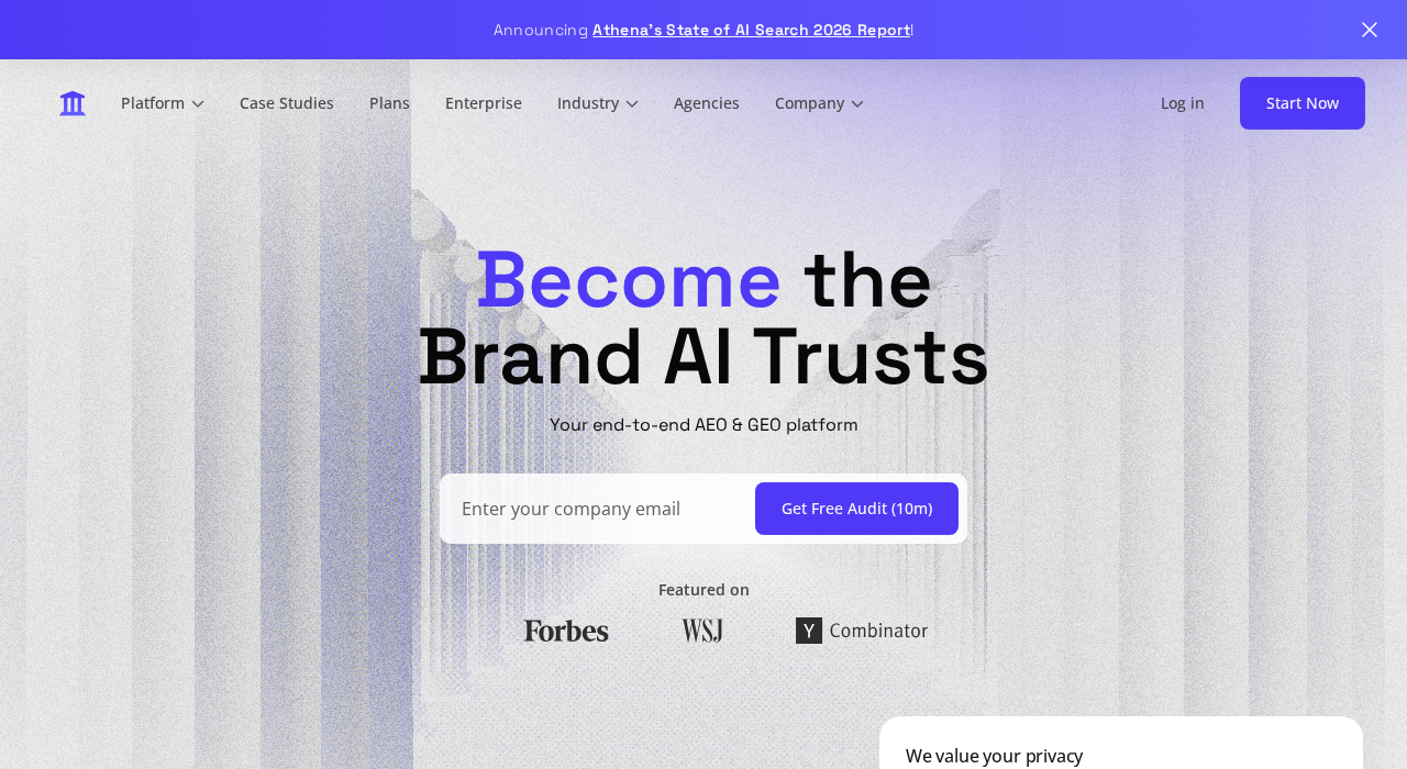 AthenaHQ homepage — Become the Brand AI Trusts, end-to-end AEO and SEO platform