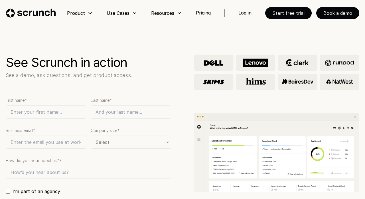 Scrunch AI homepage — AI visibility monitoring and content optimization platform